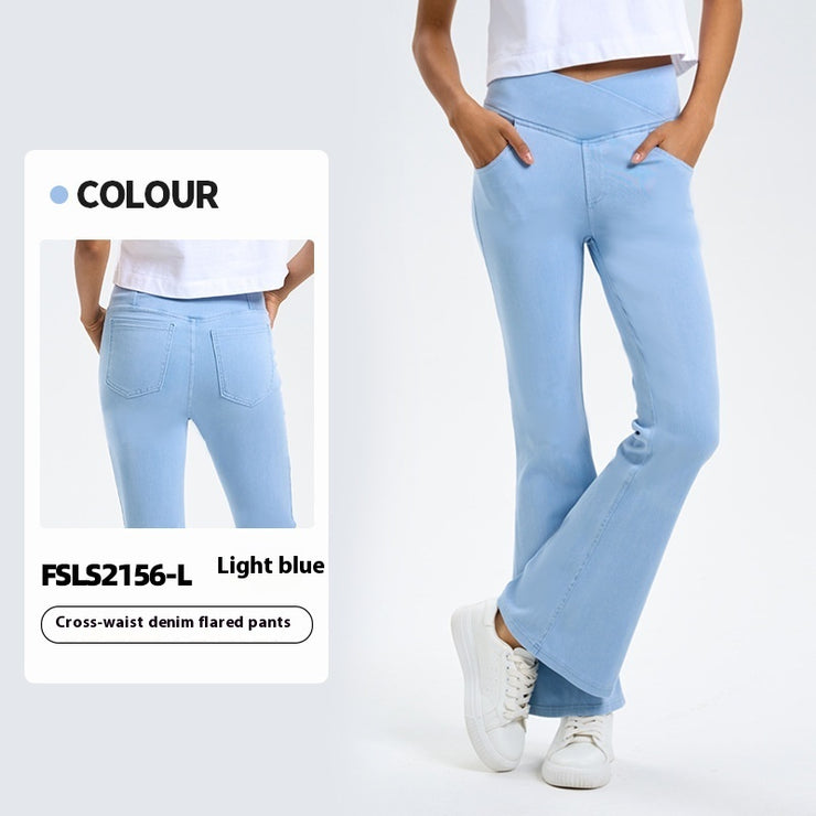 Cross Waist Jeans Women's High Elastic Hip Lifting Sport Bell-bottom Pants