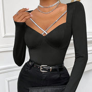 Ladies' V-neck Cross Design Slim Fit Long Sleeved T-shirt Top